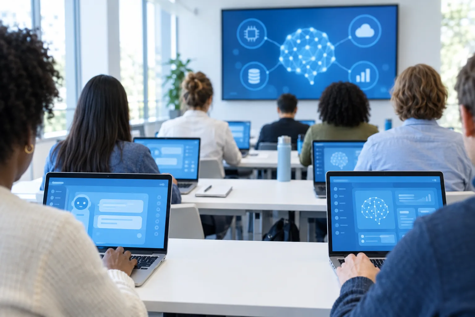 Workshop participants work through AI exercises on laptops during a hands-on training session